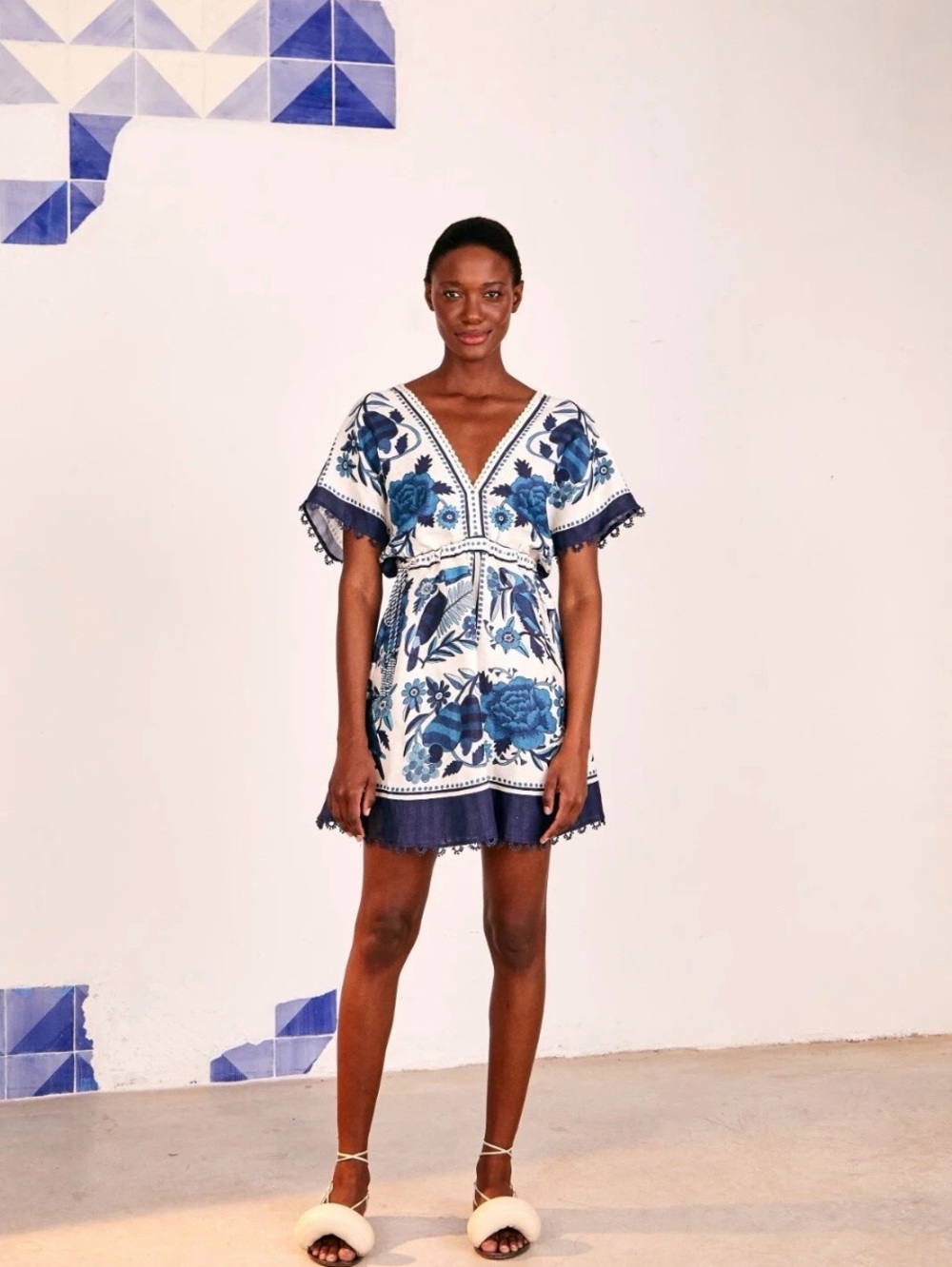 Farm Blue and White Floral V-Neck Mini Dress size S